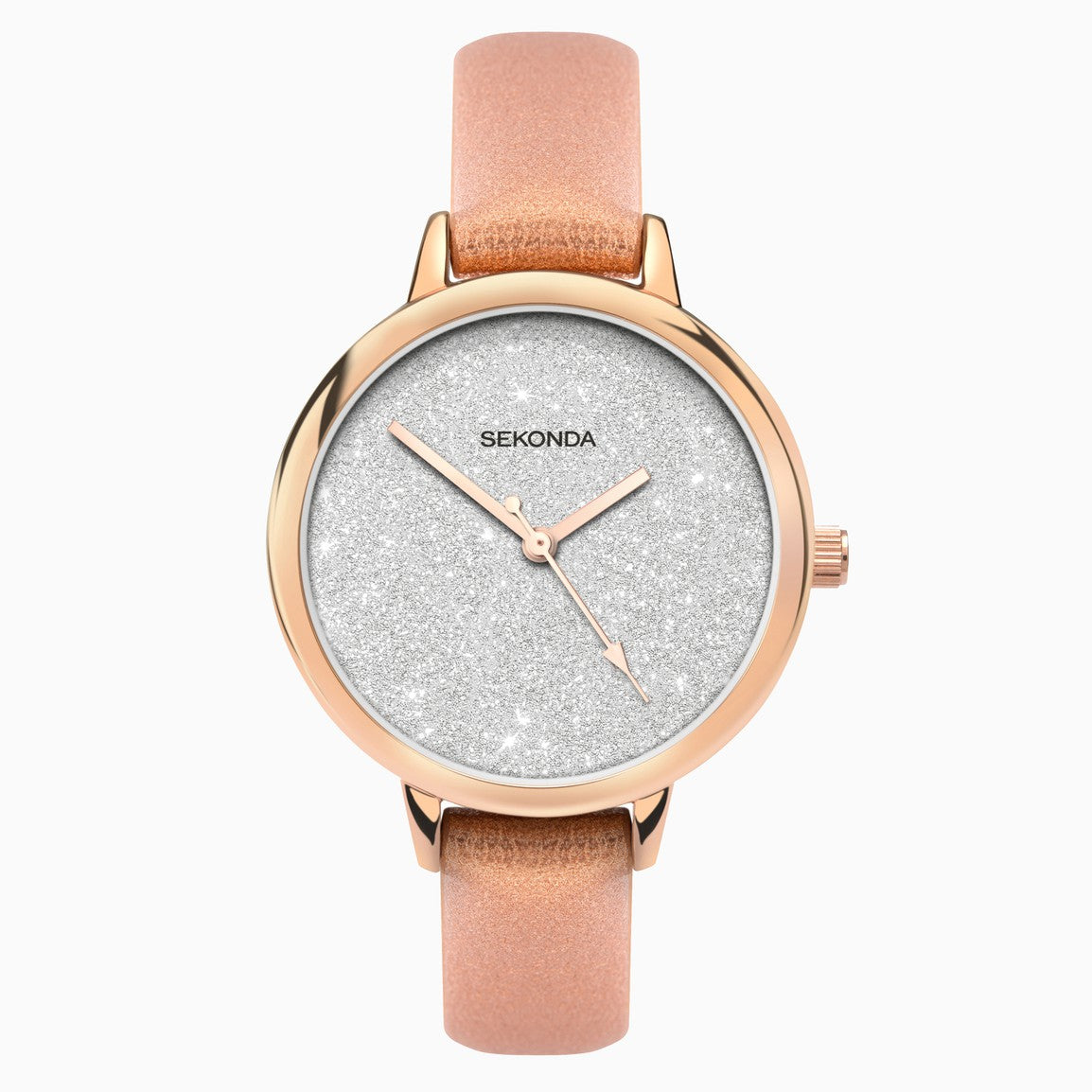 Gwylio Merched Sekonda Editions gydag Wyneb Glitter Arian a Strap PU Rose Aur 40025