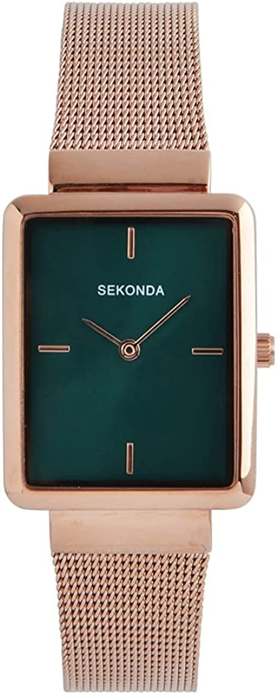 Gwyliad Merched Sekonda gyda Deial Werdd a Strap Milanese Aur Rhosyn 40134
