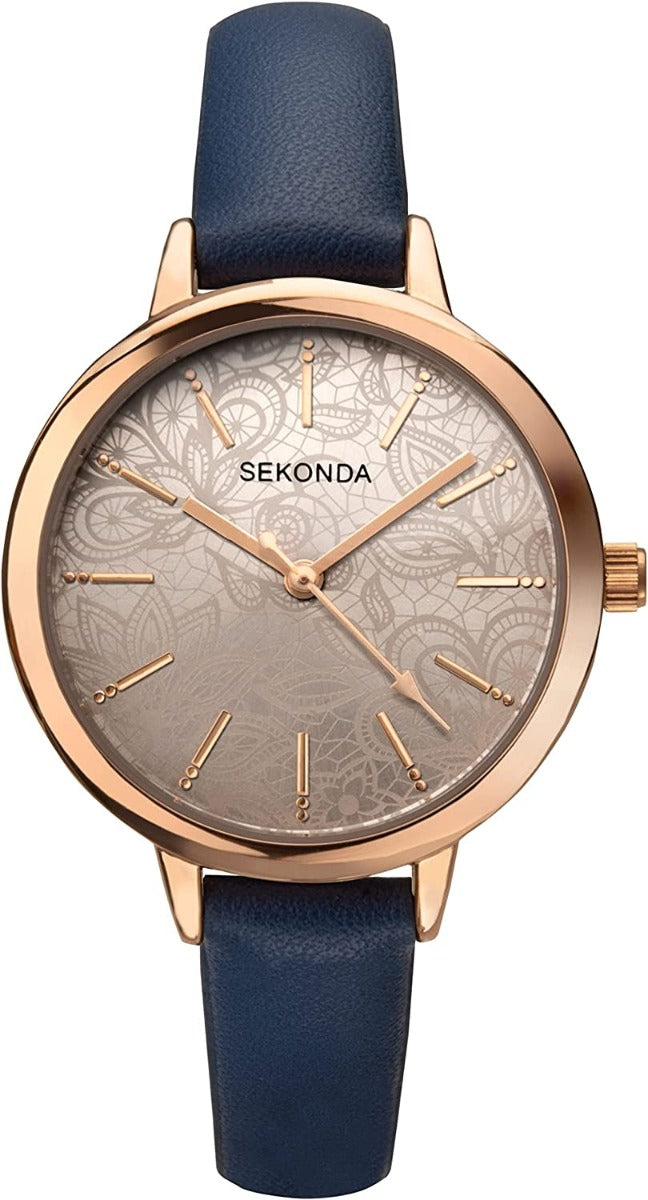 Gwylio Menywod Sekonda Editions gyda Deial Patrwm Lês Blodeuog a Strap PU Glas 40307