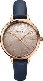 Gwylio Menywod Sekonda Editions gyda Deial Patrwm Lês Blodeuog a Strap PU Glas 40307