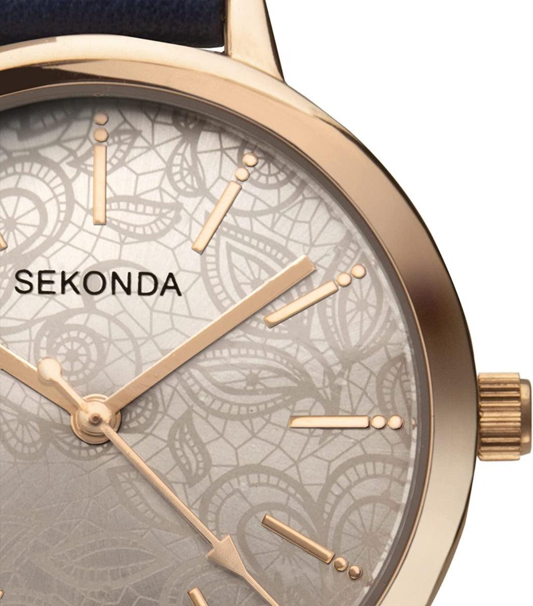 Gwylio Menywod Sekonda Editions gyda Deial Patrwm Lês Blodeuog a Strap PU Glas 40307