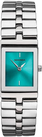Cloc Fenywaidd Sekonda gyda Deial Turquoise a Breichled Arian 40318
