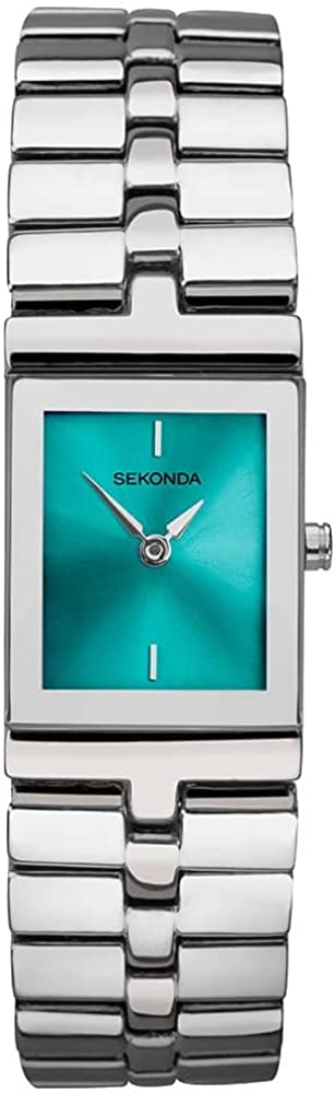 Cloc Fenywaidd Sekonda gyda Deial Turquoise a Breichled Arian 40318