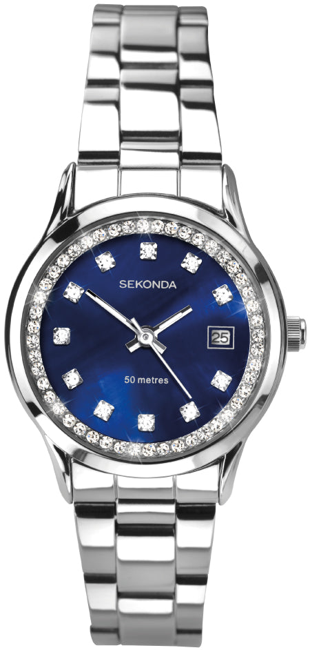 Gwylio Merched Sekonda gyda Deial Glas a Strap Arian 40324