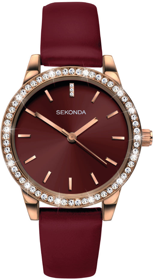 Sekonda Editions Ladies Watch with Rose Gold Case and Burgundy Strap 40335