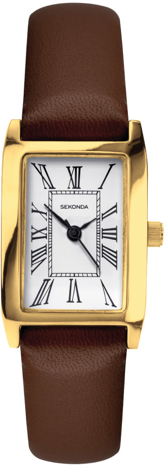 Gwylio Clasurol i Fenywod Sekonda Gyda Deial Gwyn a Strap Brown 40336