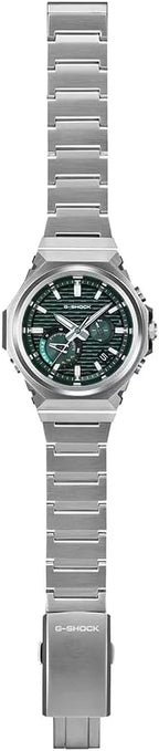 Casio G-Shock Gwylio Dynion â Deial Gwyrdd a Strap Arian GST-B1000D-3AER