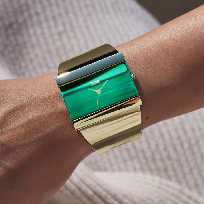 Storm Starletti Gold Lazer Green Ladies Watch gyda Deial Gwyrdd a Breichled Aur 47313/GD/GN