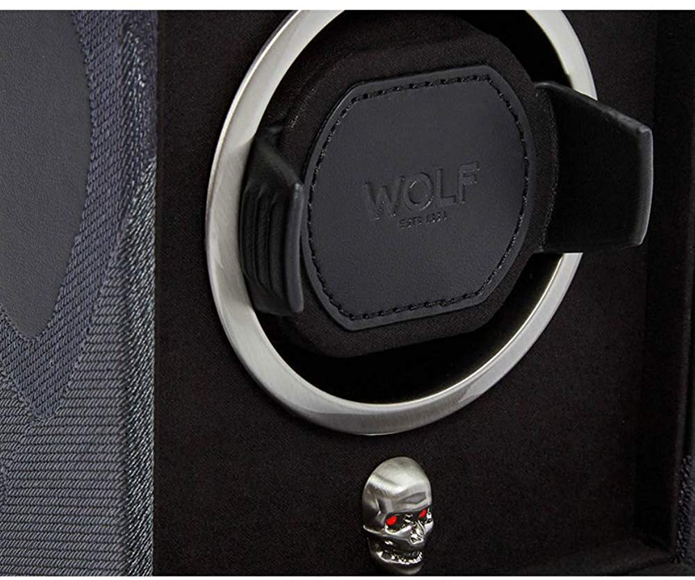 Wolf Memento Mori Cub Single Watch Winder Black Vegan Leather Case with Skull Embroidery 493102