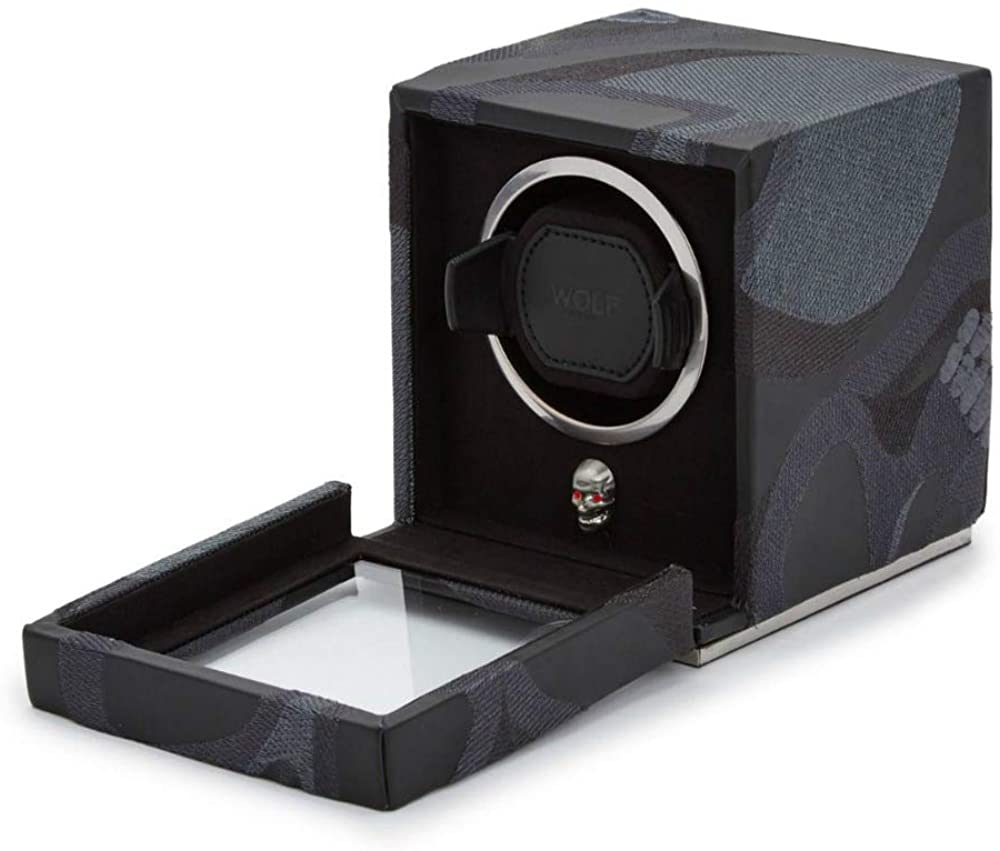 Wolf Memento Mori Cub Single Watch Winder Black Vegan Leather Case with Skull Embroidery 493102