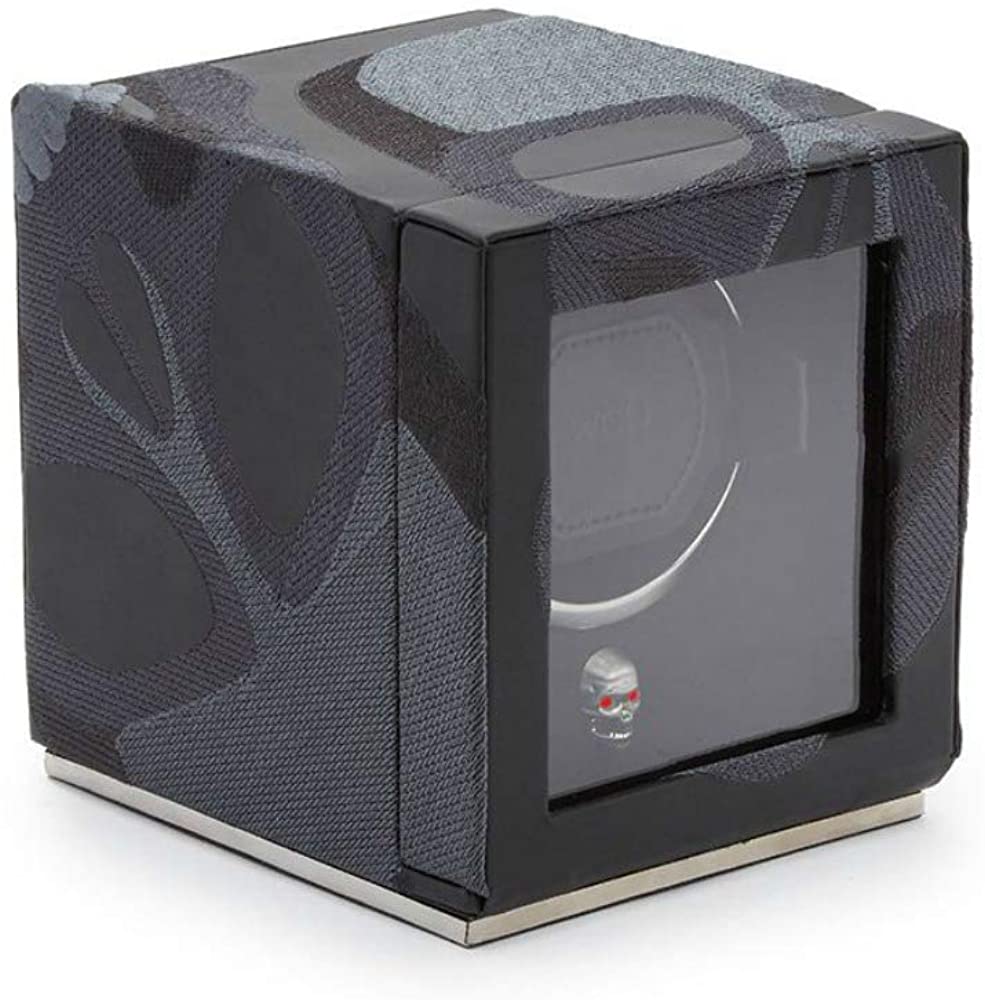 Wolf Memento Mori Cub Single Watch Winder Black Vegan Leather Case with Skull Embroidery 493102