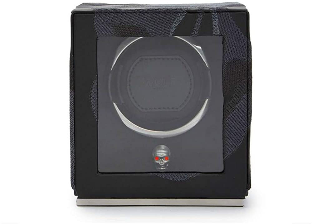 Wolf Memento Mori Cub Single Watch Winder Black Vegan Leather Case with Skull Embroidery 493102