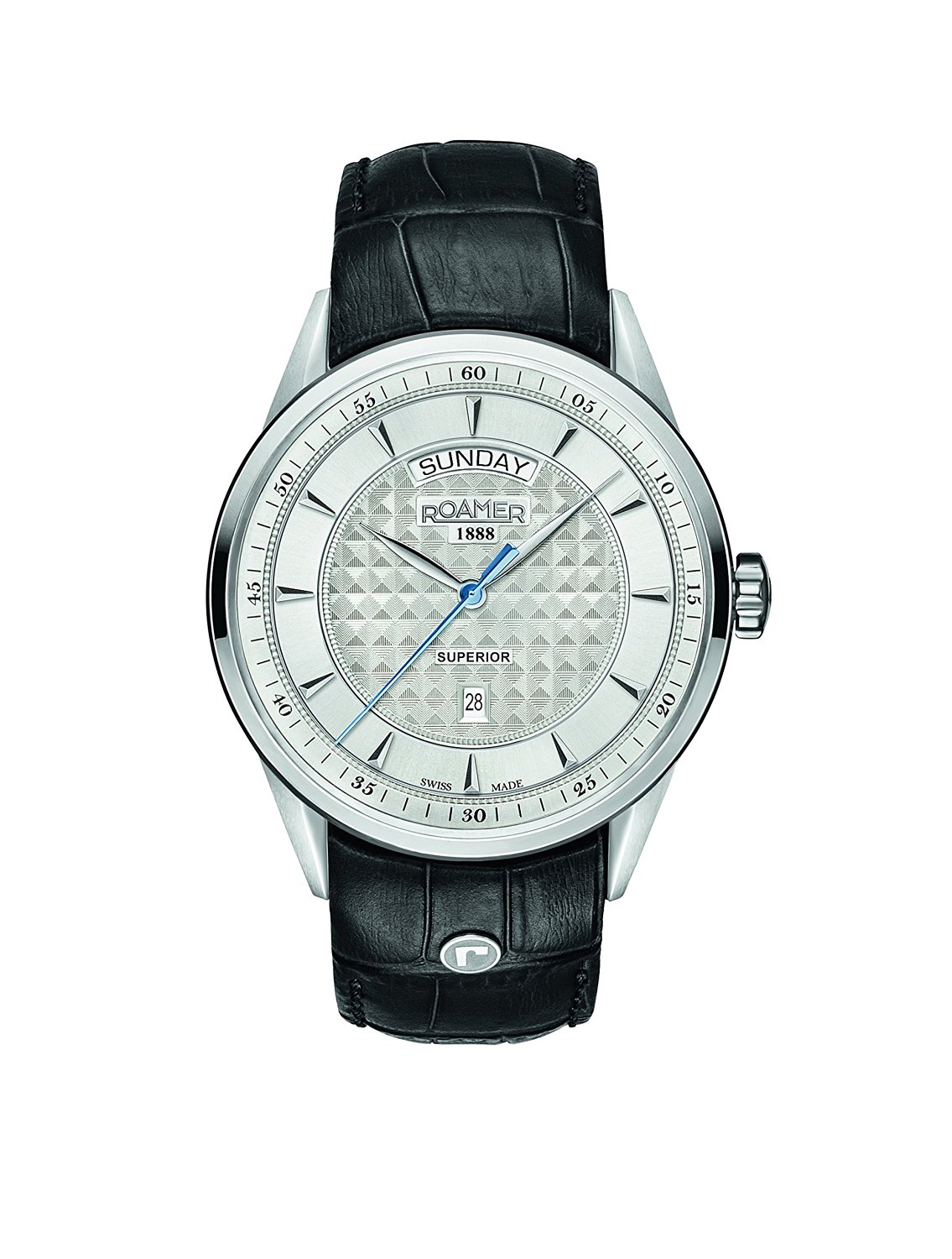 Roamer Superior Day Date Silver Dial Black Leather Strap Mens Watch