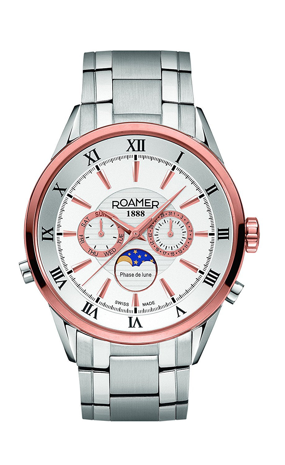 Roamer Superior Moonphase Men's Quartz Watch with White Dial Chronograph Display and Silver Stainless Steel Bracelet
