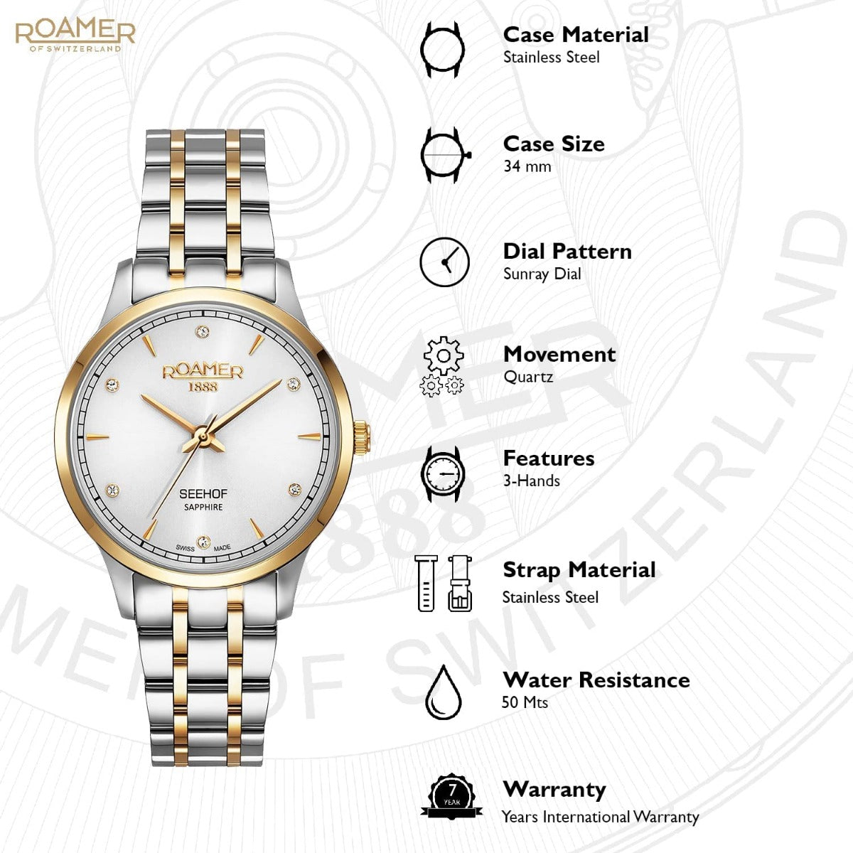 Roamer Seehof Ladies Watch with Silver Dial and Two Tone Bracelet 509847 47 10 20