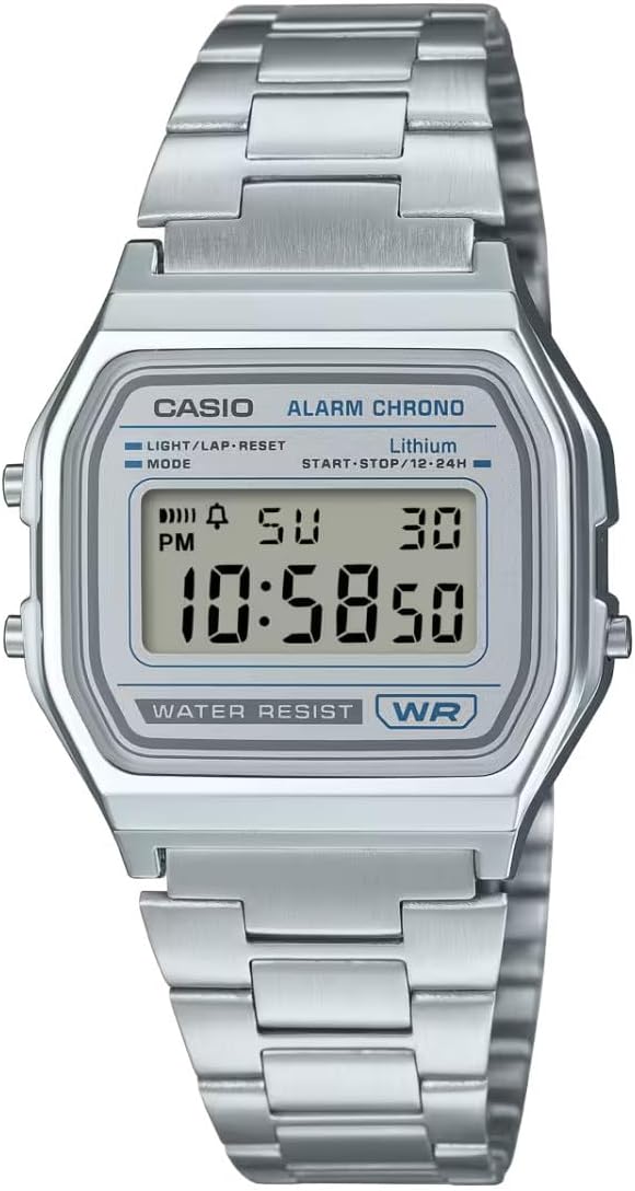 Olwgfa Ddigidol Casio Collection i Ddynion gydag Wyneb Arian a Strap Arian A158WEA-7EF