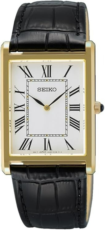 Seiko Mens Classic Dress Watch with White Dial & Black Leather Strap SWR104P1