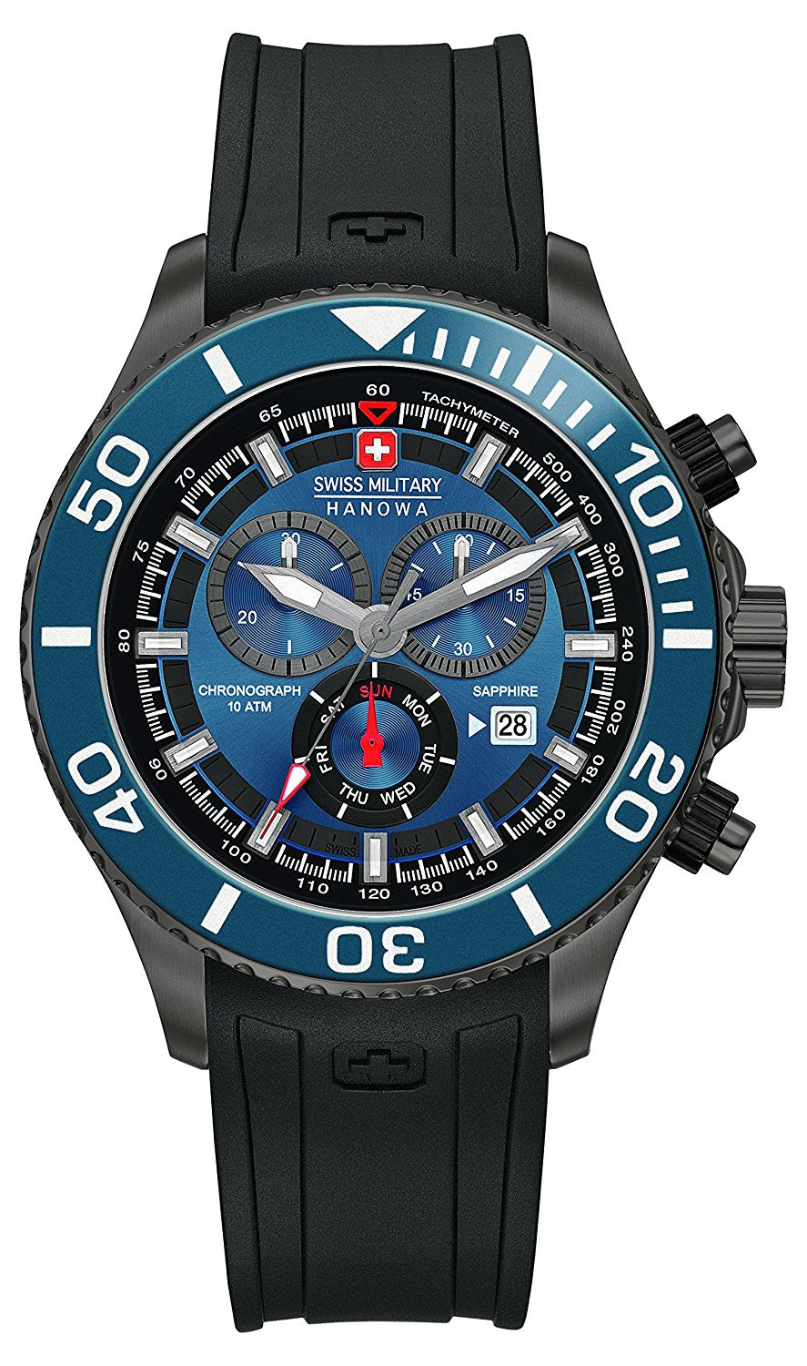 Swiss Military Men's Quartz Watch with Blue Dial Chronograph Display and Black Silicone Strap 6-4226.30.003