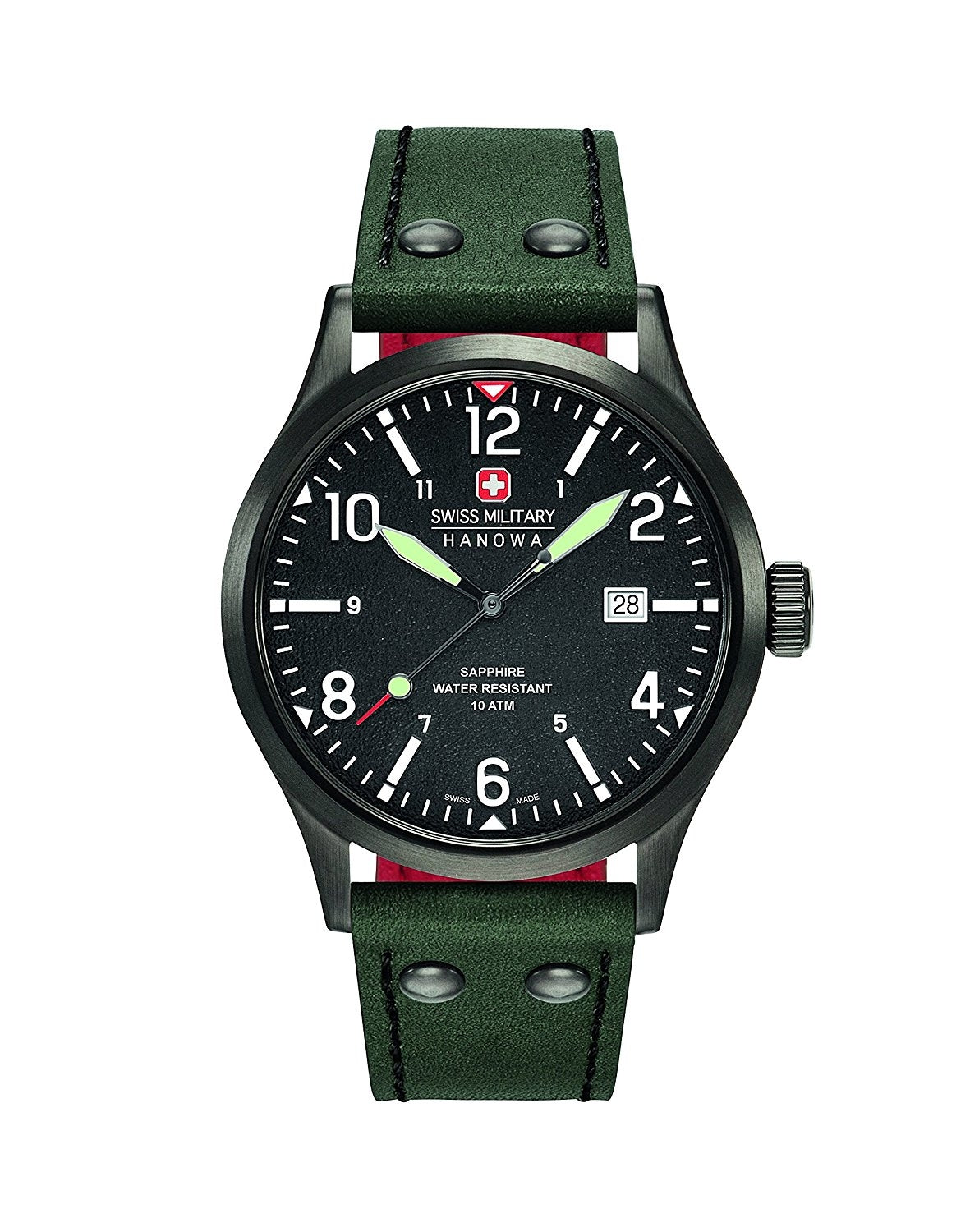 Swiss Military Men's Quartz Watch with Black Dial Analogue Display and Green Leather Strap 6-4280.13.007.6