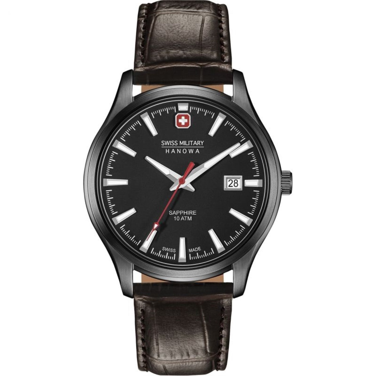 Gwyliadau Dynion Swiss Military Hanowa gyda Strap Lledr Du 06-4303.13.007