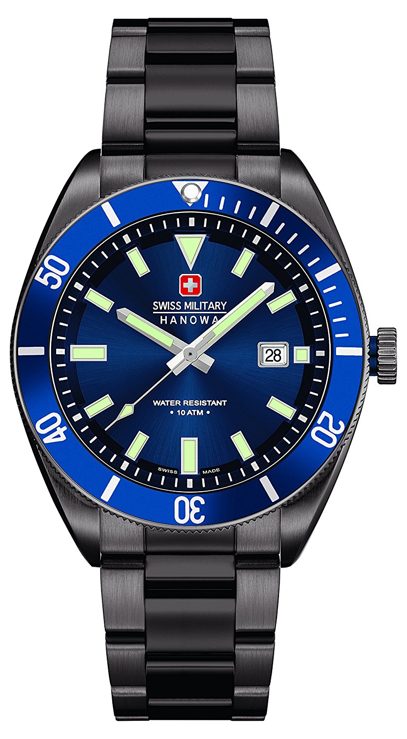 Swiss Military Men's Quartz Watch with Blue Dial Analogue Display and Black Stainless Steel Plated Bracelet 6-5214.30.003