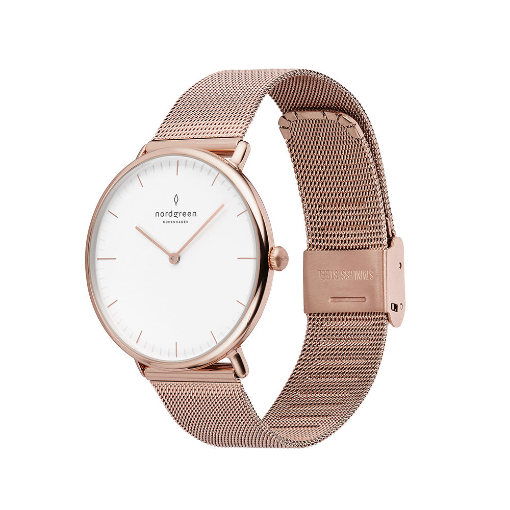 Nordgreen Native Bundle Scandinavian Rose Gold Ladies Watch with Rose Mesh & Brown Leather Straps