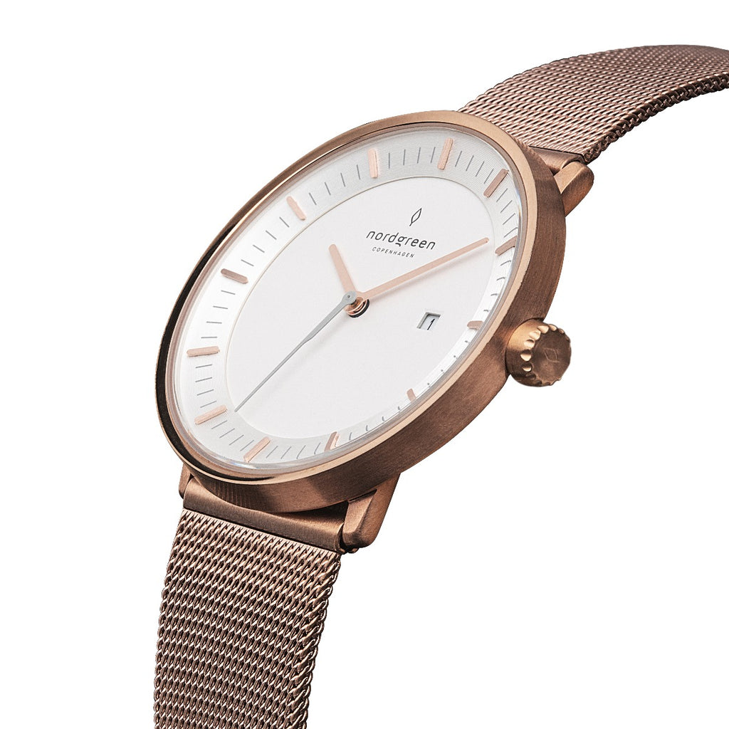 Nordgreen Philosopher Scandinavian Rose Gold Unisex Watch with Rose Gold Mesh Strap