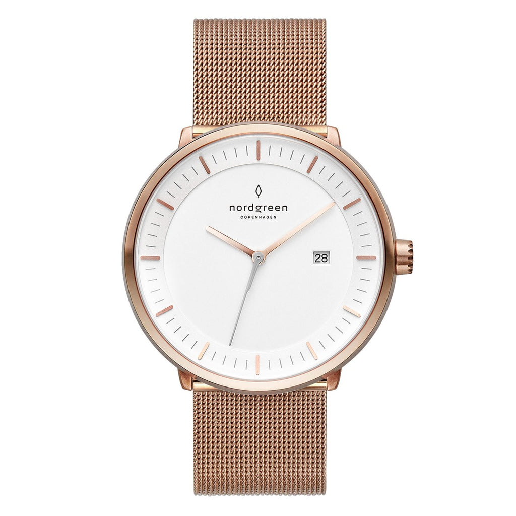 Nordgreen Philosopher Scandinavian Rose Gold Unisex Watch with Rose Gold Mesh Strap