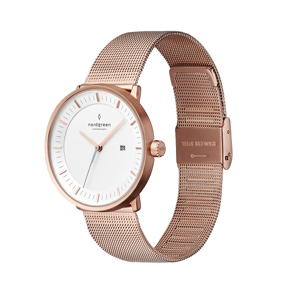 Nordgreen Philosopher Scandinavian Rose Gold Unisex Watch with Rose Gold Mesh Strap