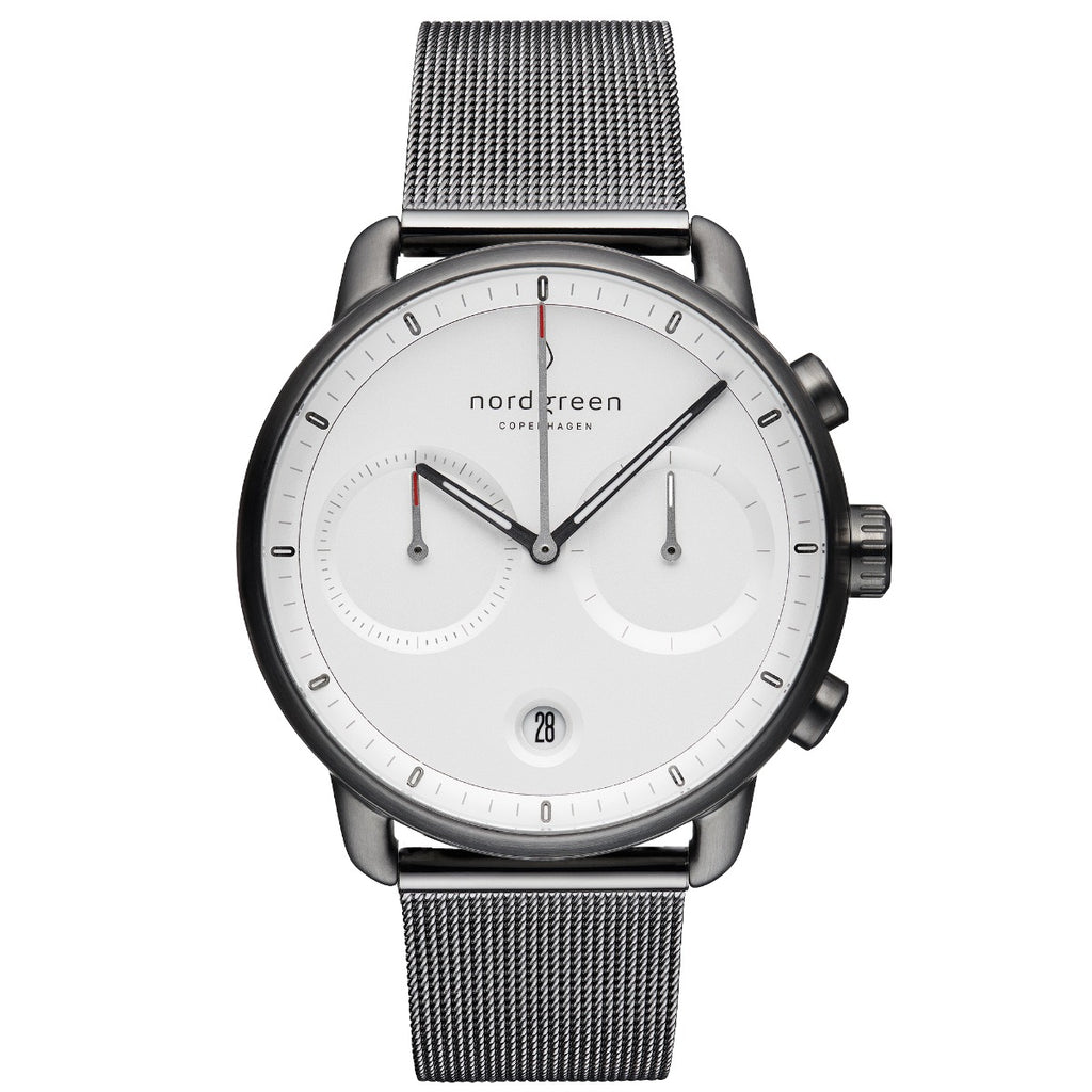 Nordgreen Pioneer Scandinavian Men's Chronograph Watch White Dial and Mesh Strap