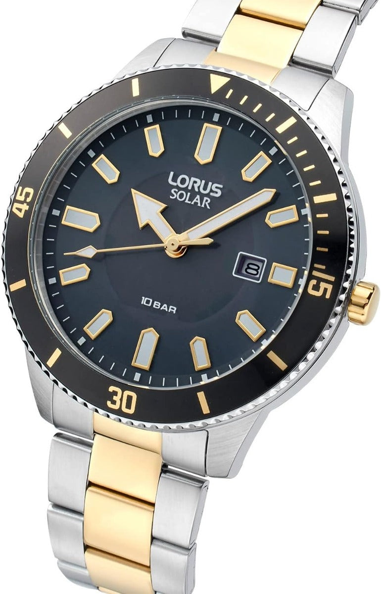 Lorus Mens Solar Watch with Black Dial and Two Tone Bracelet RX327AX9