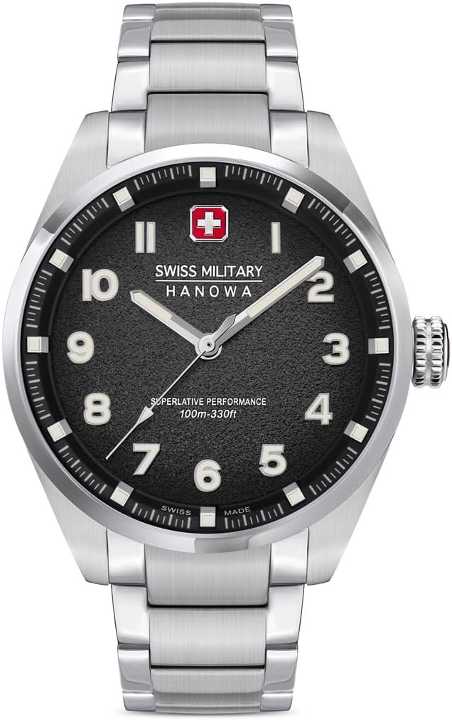Swiss Military Mens Watch with Black Dial and Silver Strap SMWGG0001503