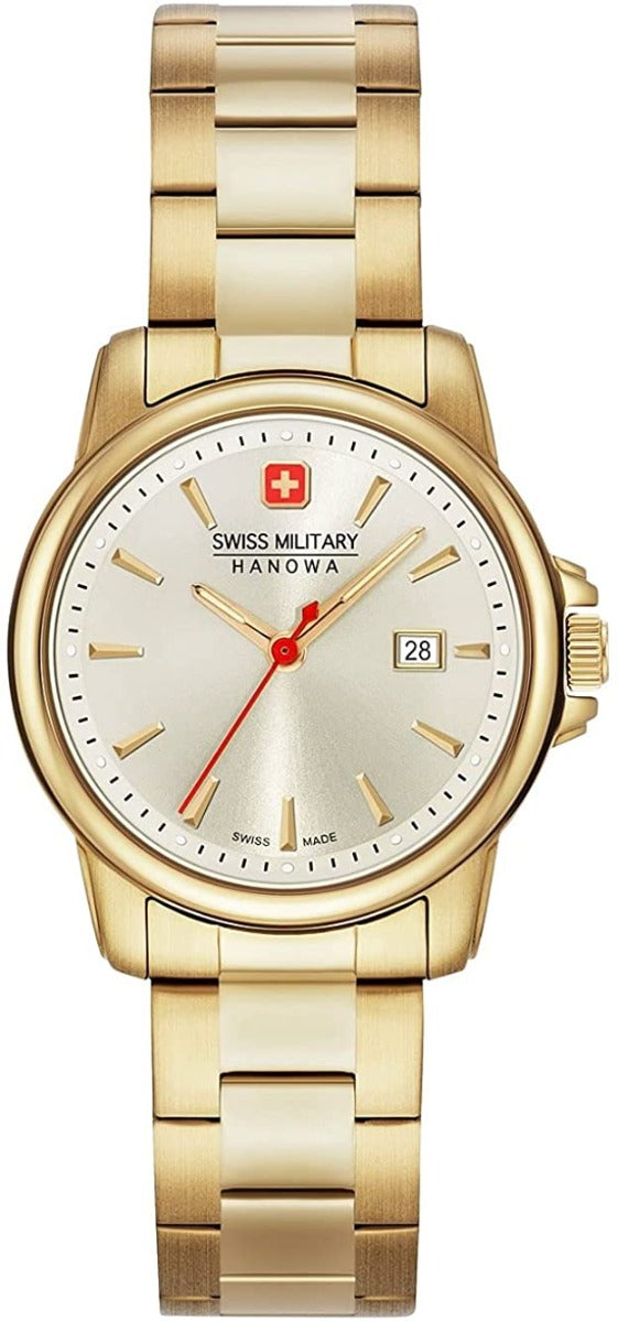 Gwylio Merched Swiss Military Hanowa gyda Deial Lliw Siampên a Breichled Dur Di-staen Platiad Aur 06-7230.7.02.002