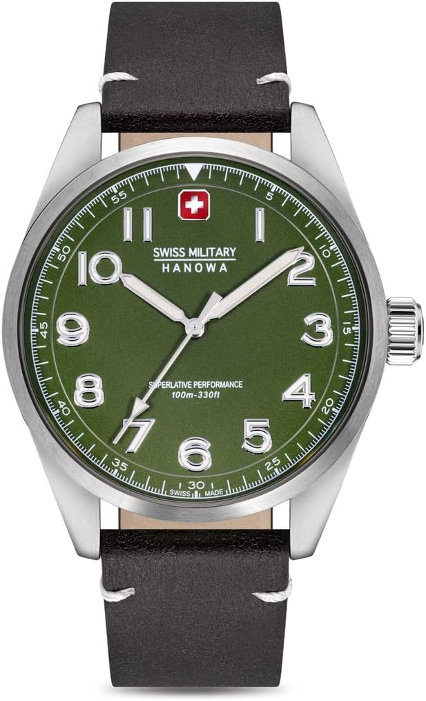 Clustffonau Dynion Swiss Military Hanowa gyda Deial Gwyrdd a Strap Ledr Brown SMWGA2100404