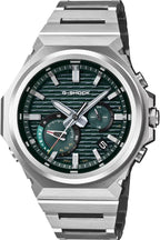 Casio G-Shock Gwylio Dynion â Deial Gwyrdd a Strap Arian GST-B1000D-3AER