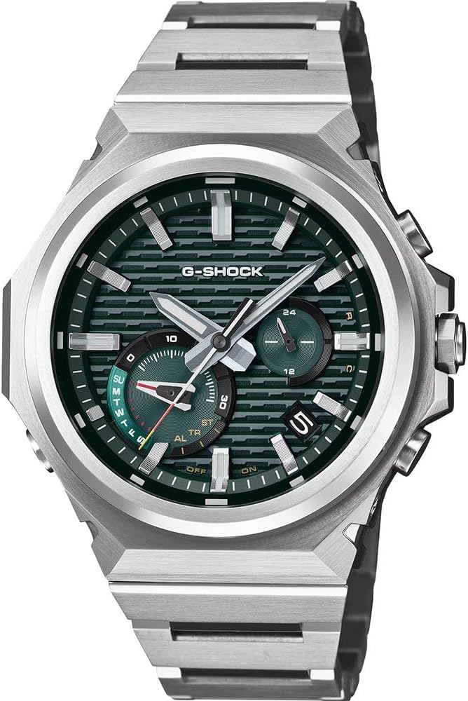 Casio G-Shock Gwylio Dynion â Deial Gwyrdd a Strap Arian GST-B1000D-3AER