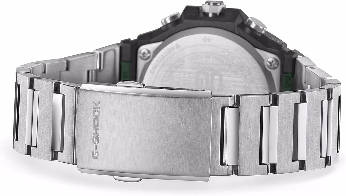 Casio G-Shock Gwylio Dynion â Deial Gwyrdd a Strap Arian GST-B1000D-3AER