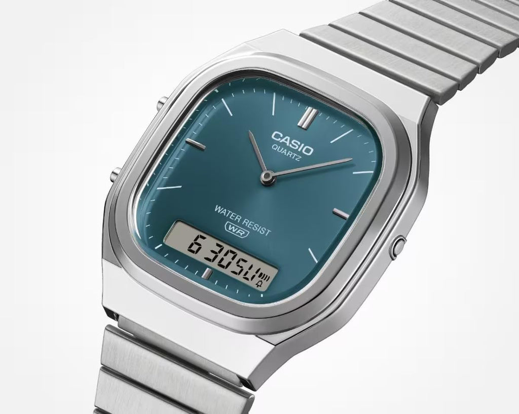 Casio Collection Mens Analogue- Digital Watch with Green Dial and Silver Strap AQ-240E-3AEF