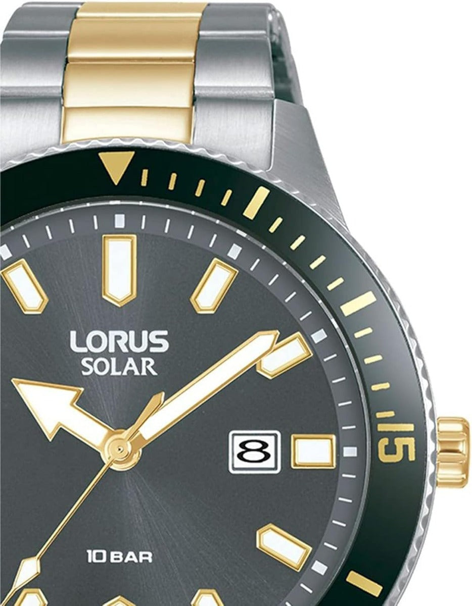 Lorus Mens Solar Watch with Black Dial and Two Tone Bracelet RX327AX9