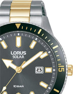 Lorus Mens Solar Watch with Black Dial and Two Tone Bracelet RX327AX9