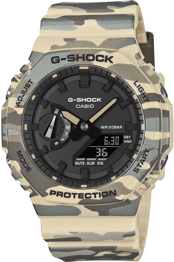 Casio G-Shock Gwylio Analog-Ddigidol i Ddynion gyda Deial Du a Strap Cuddliw Tywyll GA-2100CM-5AER