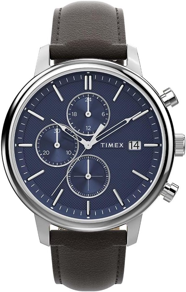 Cloc Timex i Ddynion gyda Deial Glas a Strap Lledr Brown TW2W76200