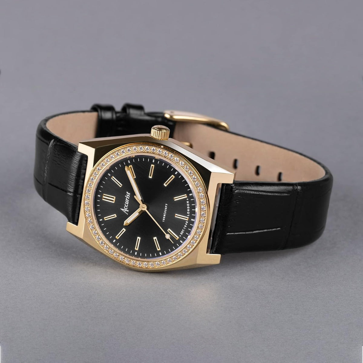 Gwylio Accurist Origin i Fenywod gyda Deial Du a Strap Lledr 70014