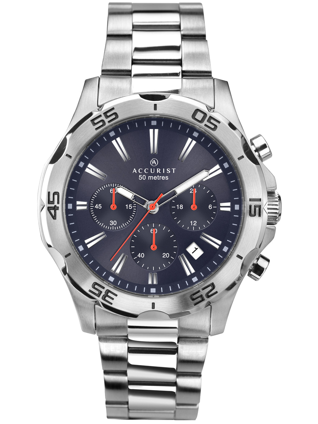 Accurist Gents Blue Dial Analogue Chronograph Watch With Silver Stainless Steel Bracelet 7024