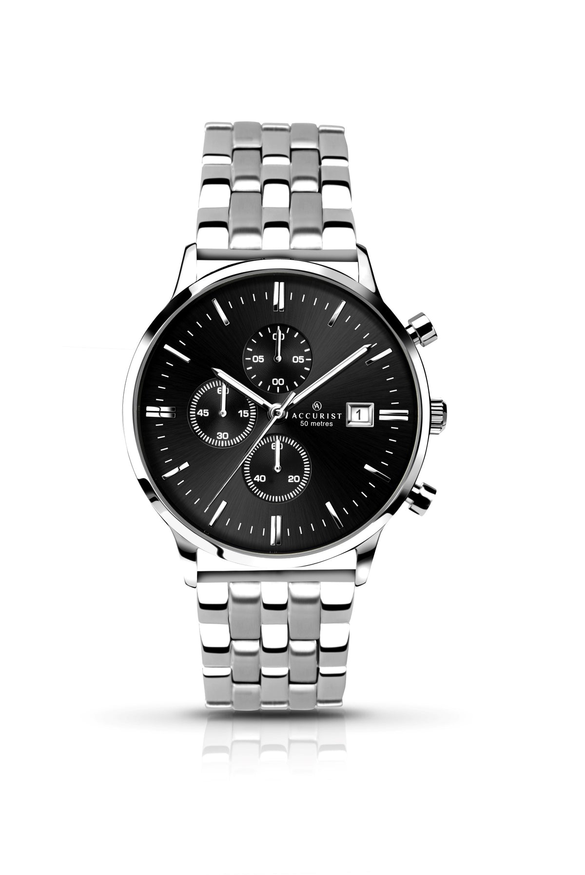 Accurist Gents Analogue Chronograph Watch With Black Dial And Silver Stainless Steel Bracelet 7073