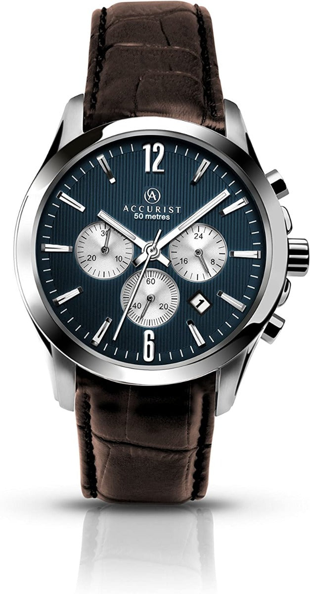 Accurist Mens Chronograph Watch with Blue Dial and Brown Leather Strap 7116
