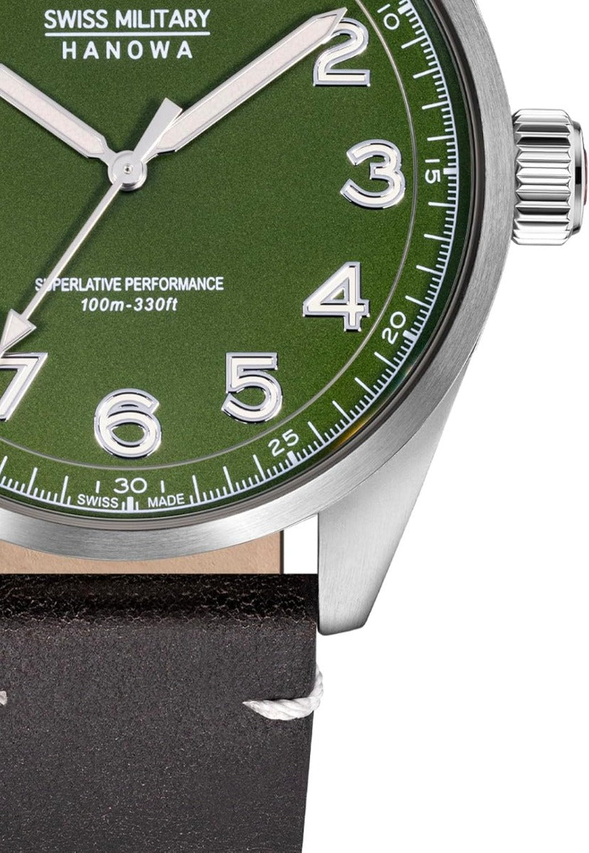 Swiss Military Hanowa Mens Watch with Green Dial and Brown Leather Strap SMWGA2100404
