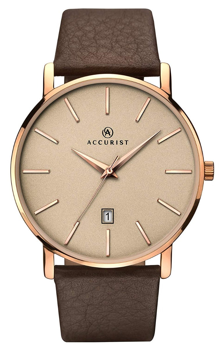 Accurist Mens Analogue Classic Quartz Watch with Brown Leather Strap and Gold Dial 7166