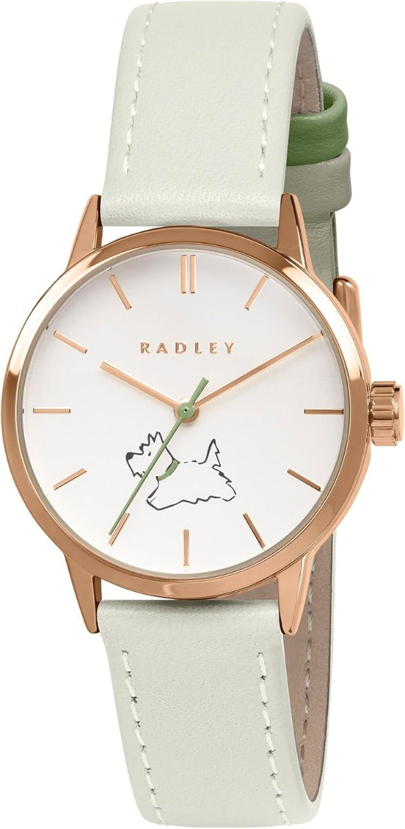 Gwylia i Ferched RADLEY gyda Deial Gwyn a Strap Lledr Gwyrdd RY22006A