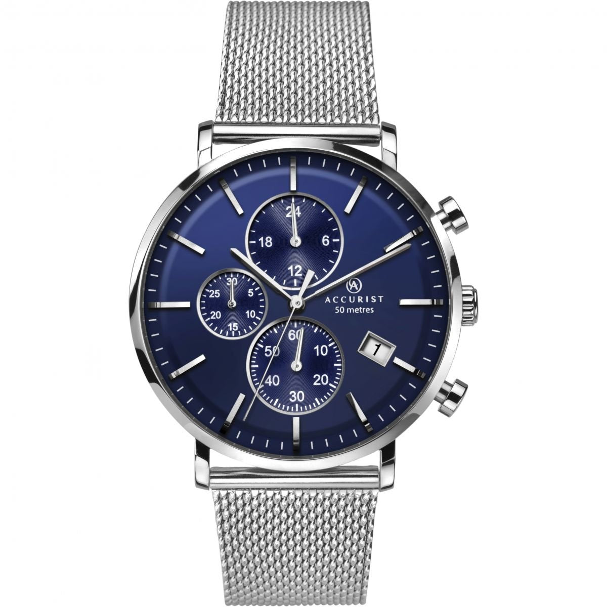 Gwylio Chronograph Accurist i Ddynion gyda Deial Glas a Strap Dur Di-staen 7188